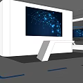 Modern Tech Exhibition Space With Hexagonal Blue Screens And White Display Counter 3d model