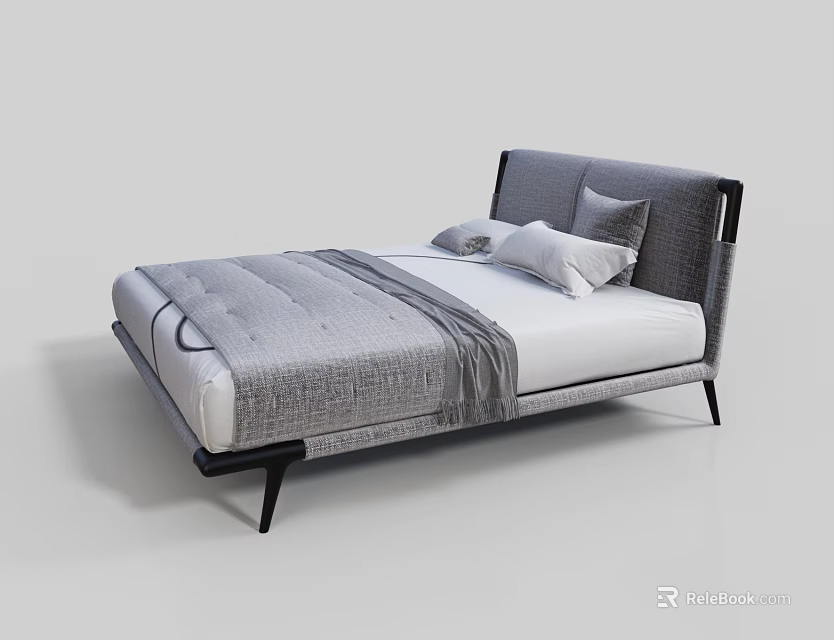 Modern Double Bed With Gray Upholstered Headboard And White Decorative Pillows 3d model