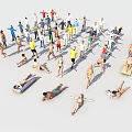 Group of People Standing and Lying in Different Colored Clothes on White Background