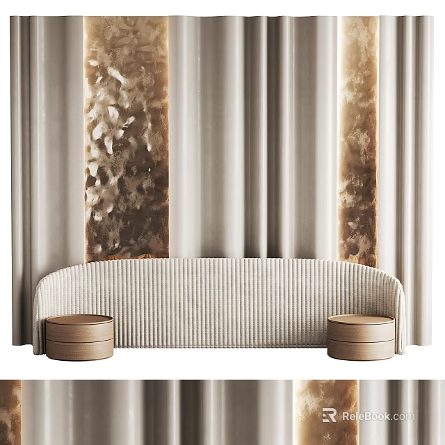Stylish Curved Sofa With Round Stools And Textured Columns In Beige Curtain Interior 3d model 
