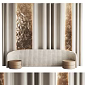Stylish Curved Sofa With Round Stools And Textured Columns In Beige Curtain Interior