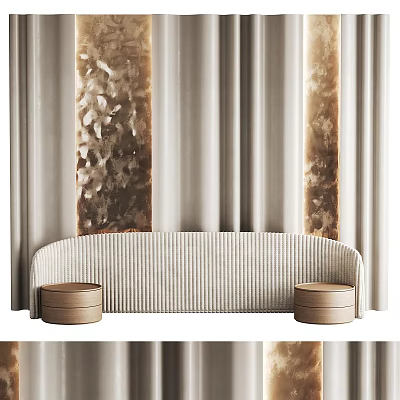 Stylish Curved Sofa With Round Stools And Textured Columns In Beige Curtain Interior 3d model