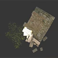 Modern Setting Showcasing Ancient Ruined Brick Pillar With Stone Base Wooden Logs And Grass