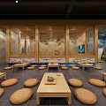 SPA Sauna Interior With Stone Walls Wooden Table Cushions And Green Plants