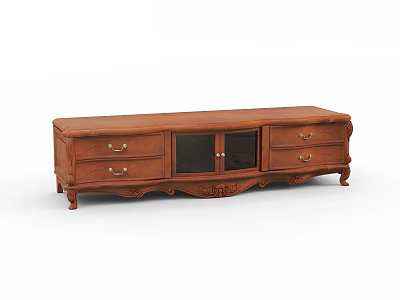 Traditional Wooden Brown TV Stand With Drawers Glass Doors And Carvings 3d model