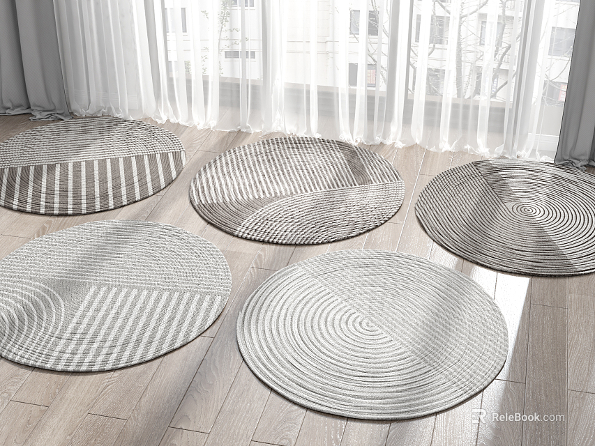 Gray and White Woven Round Rugs with Striped Spiral Patterns on Wooden Floor 3d model 