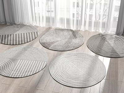 Gray and White Woven Round Rugs with Striped Spiral Patterns on Wooden Floor 3d model