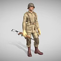 Man in Khaki Military Uniform Wearing Helmet Holding Entrenching Tool and Gear