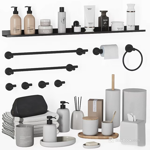 Bathroom Washing Essentials Shelf With Towel Bars Toilet Paper Holder Towel Ring And Folded Towels 3d model 