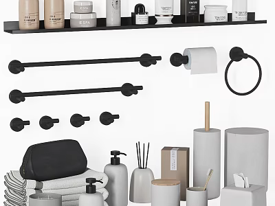 Bathroom Washing Essentials Shelf With Towel Bars Toilet Paper Holder Towel Ring And Folded Towels 3d model