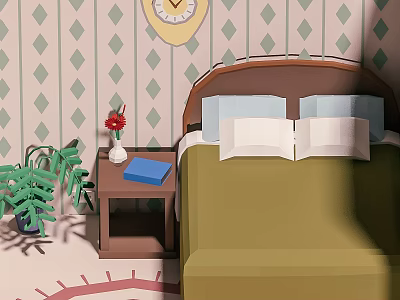 Cozy Bedroom With Diamond Pattern Wallpaper Yellow Clock Nightstand Red Flower And Green Plant 3d model