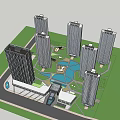 Modern High Rise Building Complex With Glass Facades And Blue Sky Background