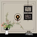 Elegant Interior Featuring Geometric Wall Art Circular Lamp And Flower Vase 3d model