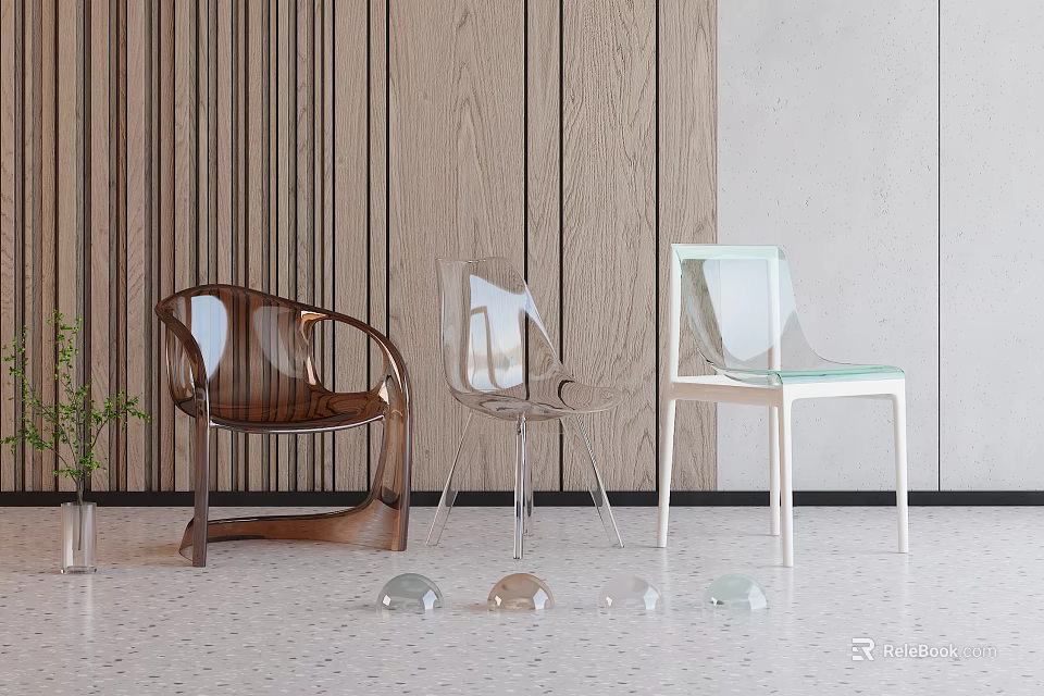 Modern Leisure Chairs With Various Transparent Brown And White Designs In Wooden Interior 3d model 