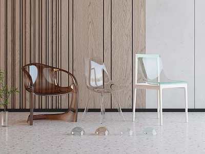 Modern Leisure Chairs With Various Transparent Brown And White Designs In Wooden Interior 3d model