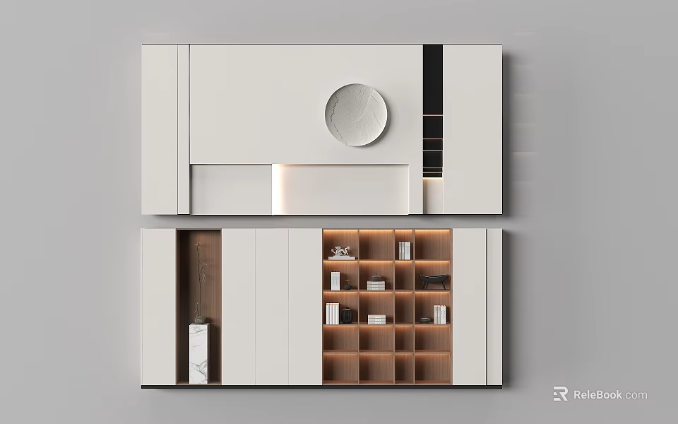 Modern Background Wall Design With Round Decor LED Lighting Wooden Shelves And White Cabinets 3d model 