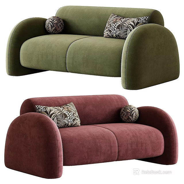Green and Burgundy Two Seater Sofas with Rounded Armrests and Patterned Pillows 3d model 