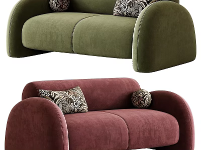 Green and Burgundy Two Seater Sofas with Rounded Armrests and Patterned Pillows 3d model