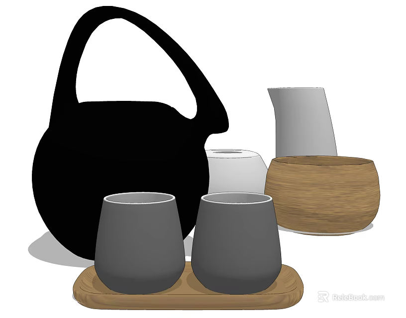 Stylish Ceramic Tea Set with Black Teapot Gray Cups and Wooden Tray 3d model 