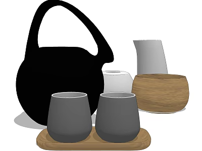 Stylish Ceramic Tea Set with Black Teapot Gray Cups and Wooden Tray 3d model