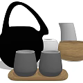 Stylish Ceramic Tea Set with Black Teapot Gray Cups and Wooden Tray 3d model