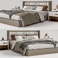 Modern Double Bed With Upholstered Headboard Bedding Nightstand And Throw Blanket 3d model