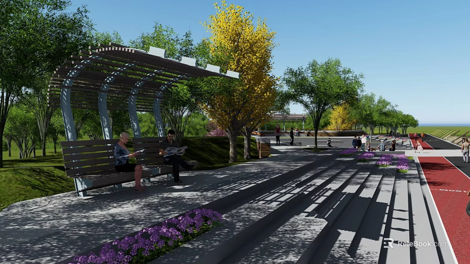 Sunny Garden Landscape Featuring Pergola Benches Yellow Trees And Purple Flowers 3d model 