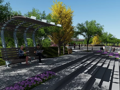 Sunny Garden Landscape Featuring Pergola Benches Yellow Trees And Purple Flowers 3d model