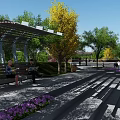 Sunny Garden Landscape Featuring Pergola Benches Yellow Trees And Purple Flowers