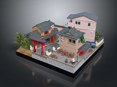Traditional And Modern Architecture Featuring Chinese Style Roof Red Gateway Courtyard Tables Chairs Green Trees And Outdoor Area 3d model