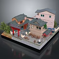 Traditional And Modern Architecture Featuring Chinese Style Roof Red Gateway Courtyard Tables Chairs Green Trees And Outdoor Area