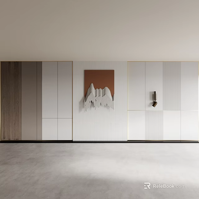 Modern Sofa Backdrop Wall With Striped Wooden Panels And Abstract Decor Elements 3d model