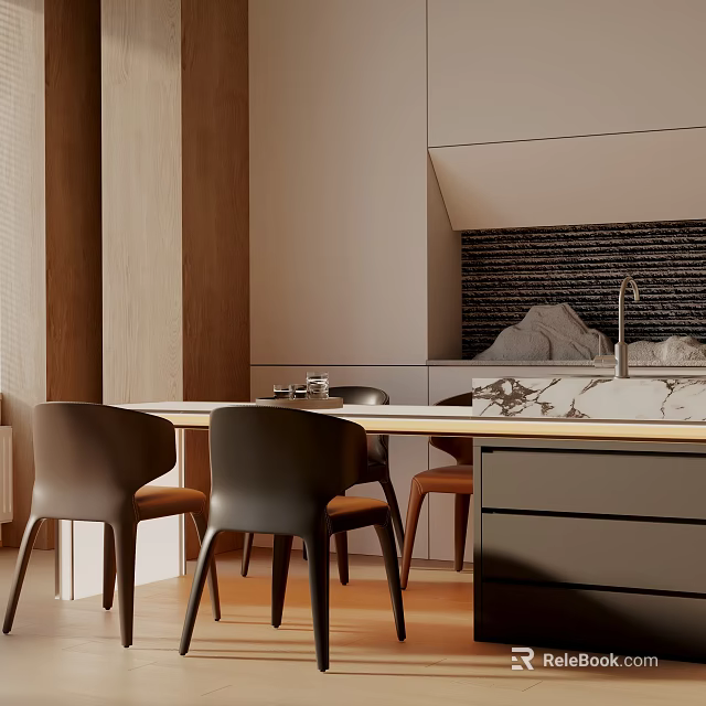 Modern Kitchen Dining Table Set With Marble Top And Black Leather Chairs 3d model 