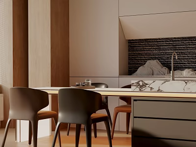 Modern Kitchen Dining Table Set With Marble Top And Black Leather Chairs 3d model