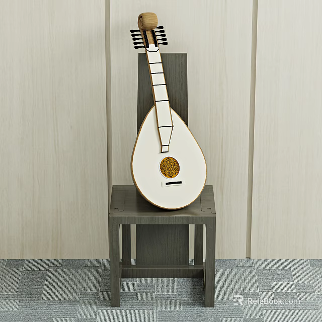 Traditional Pipa Musical Instrument on Dark Wooden Stool Light Wall Background 3d model 