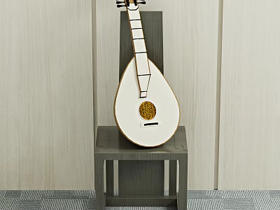 Traditional Pipa Musical Instrument on Dark Wooden Stool Light Wall Background 3d model