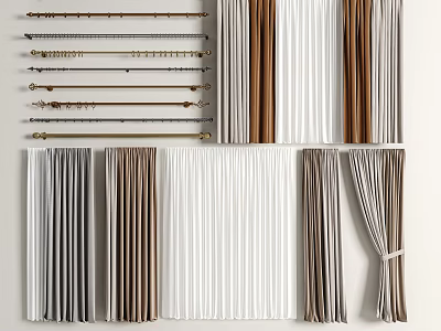 Curtains With Various Styles And Decorative Rods In White Brown Gray Colors 3d model