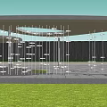 Modern Circular Pavilion With Metal Frame Curved Top in Grassland With Trees and White Doves