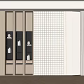 Modern Beige Background Wall With Grid Tile Vertical Stripe Design And Black Shelves