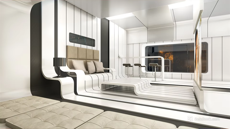Modern Living Room Interior With Geometric Lines Sofa And Open Layout Lighting 3d model 