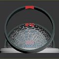 Modern Contemporary Design Object With Blue Frame Red Accents Transparent Sphere And White Base