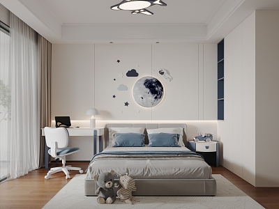 Modern Bedroom Children's Room Double Bed Desk Chair Wardrobe Ceiling Lamp Curtain Carpet Decoration Bedside Table model