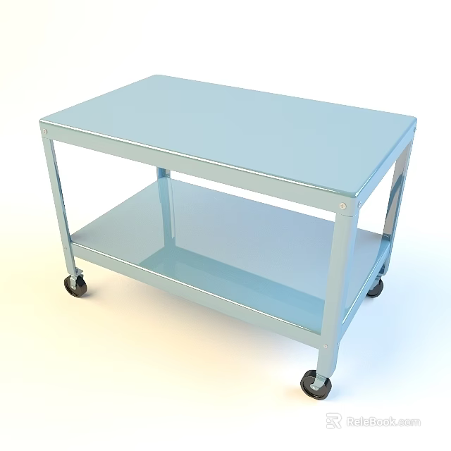 Light Blue Two Tier Metal Cart With Transparent Lower Shelf And Wheels 3d model