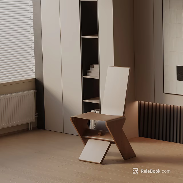 Modern Wooden Dining Chair With Crossed Legs And White Backrest In Minimalist Interior Space 3d model 