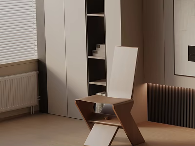 Modern Wooden Dining Chair With Crossed Legs And White Backrest In Minimalist Interior Space 3d model