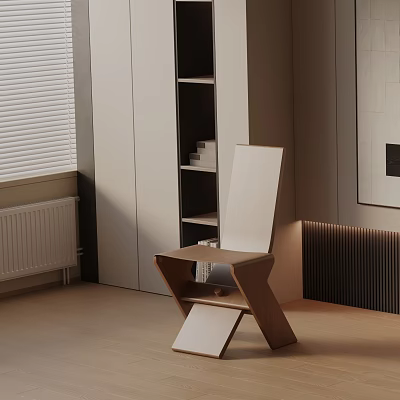 Modern Wooden Dining Chair With Crossed Legs And White Backrest In Minimalist Interior Space 3d model