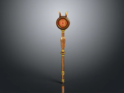 Golden Wooden Scepter With Round Top And Red Emblem Design 3d model