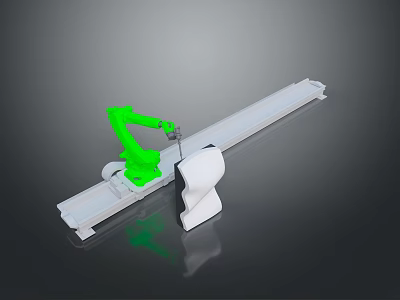 Game and Movie Character Green Robotic Arm Moving on White Track with Mechanical Parts 3d model