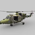 Green Camouflage Military Helicopter With Open Cabin Door Rotor Blades And Landing Gear