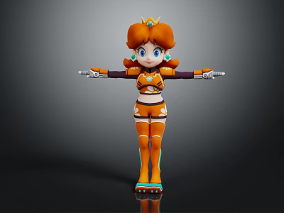 3D Orange Haired Character With Crown Mechanical Arms And Futuristic Outfit 3d model